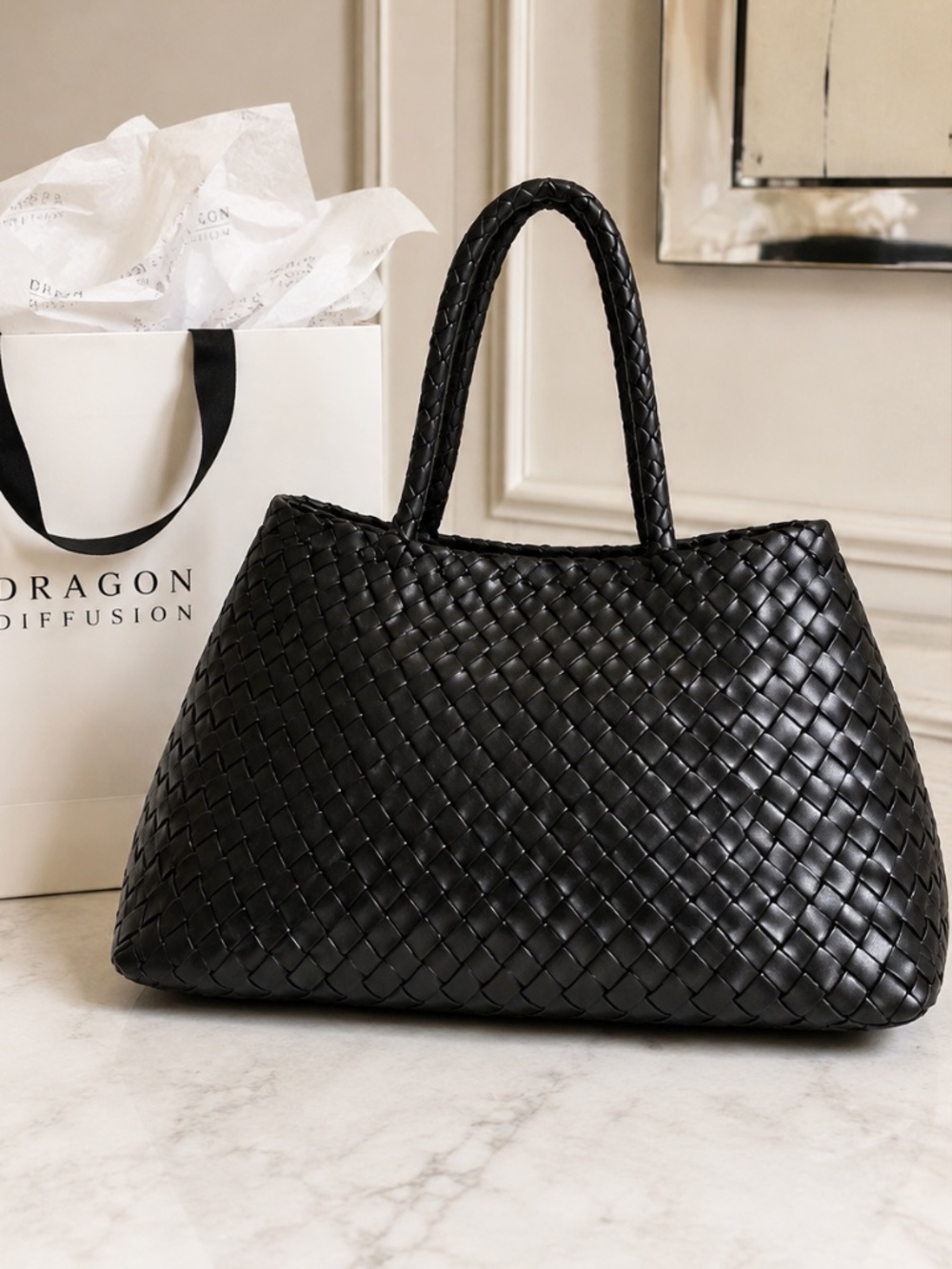 NWOT Dragon Diffusion Santa Croce Big Black Woven Leather Handbag